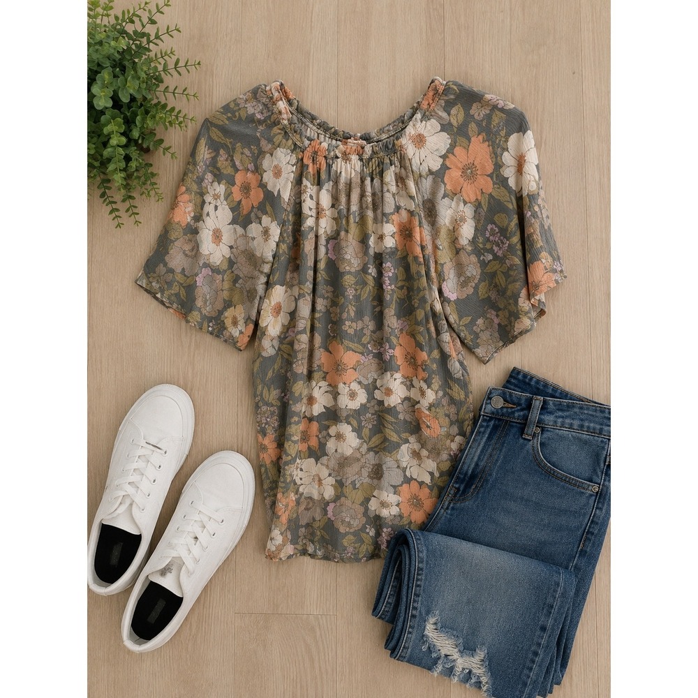 The Nines Les Amis Floral Blouse Womens Small V-Neck Gauze Boho Top T1502-E